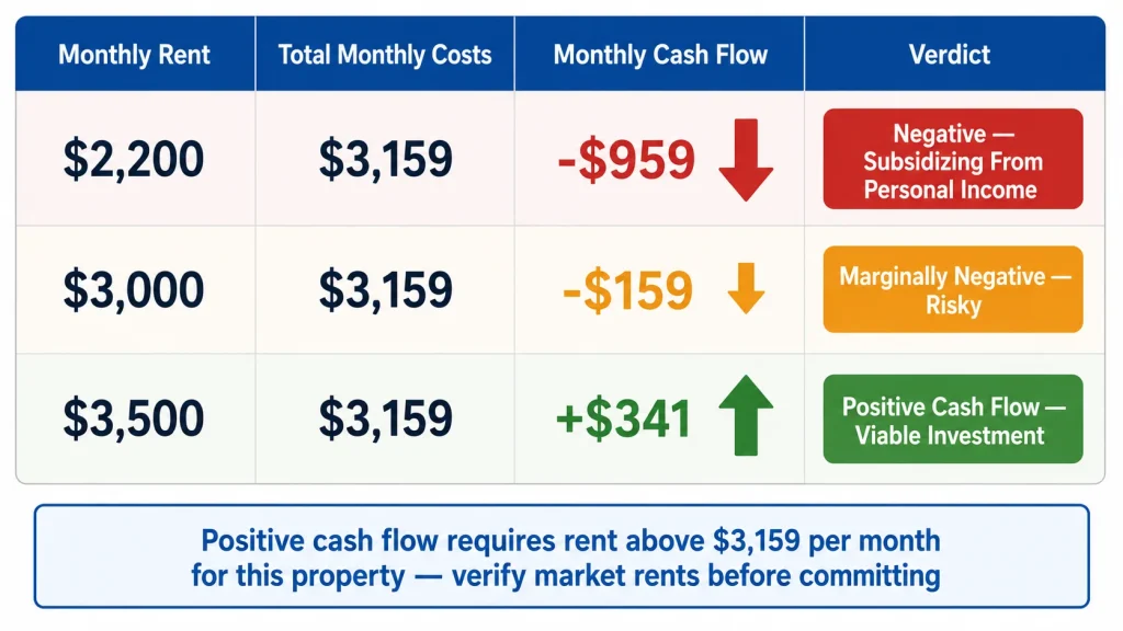 Table showing three rental income scenarios for HELOC funded investment property from negative 959 dollar cash flow to positive 341 dollar cash flow