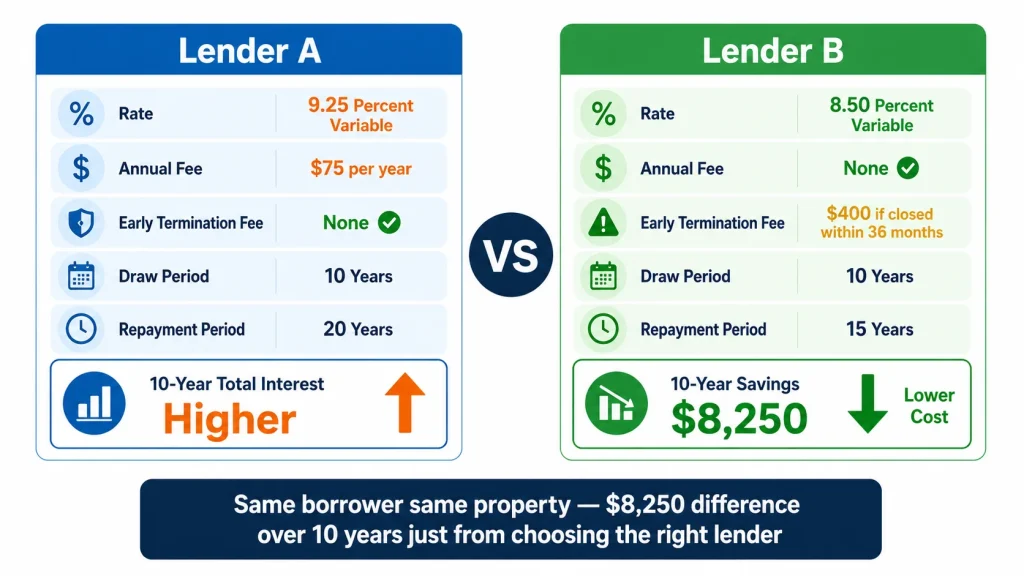 Side by side comparison of two HELOC lenders showing 8250 dollar cost difference over 10 years from rate and fee differences