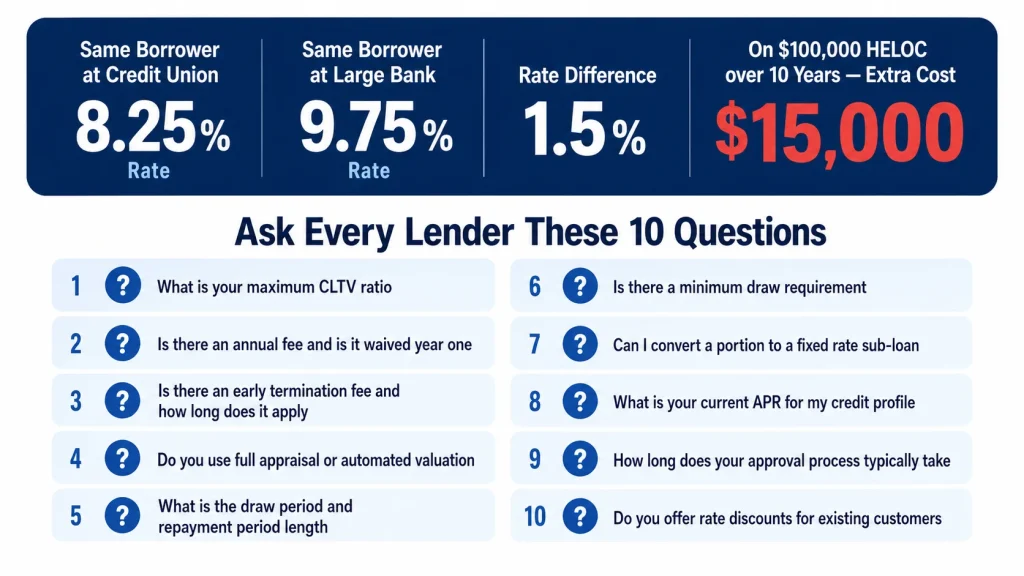 Infographic showing 15000 dollar cost of not shopping lenders and ten questions to ask every HELOC lender when comparing options