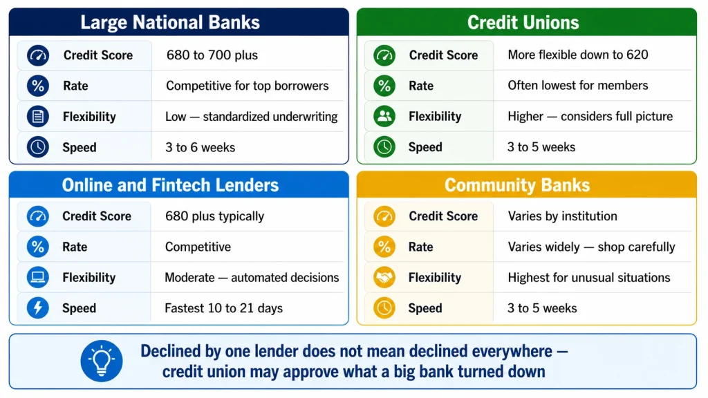 Infographic comparing HELOC requirements and flexibility across four lender types — national banks credit unions online lenders and community banks