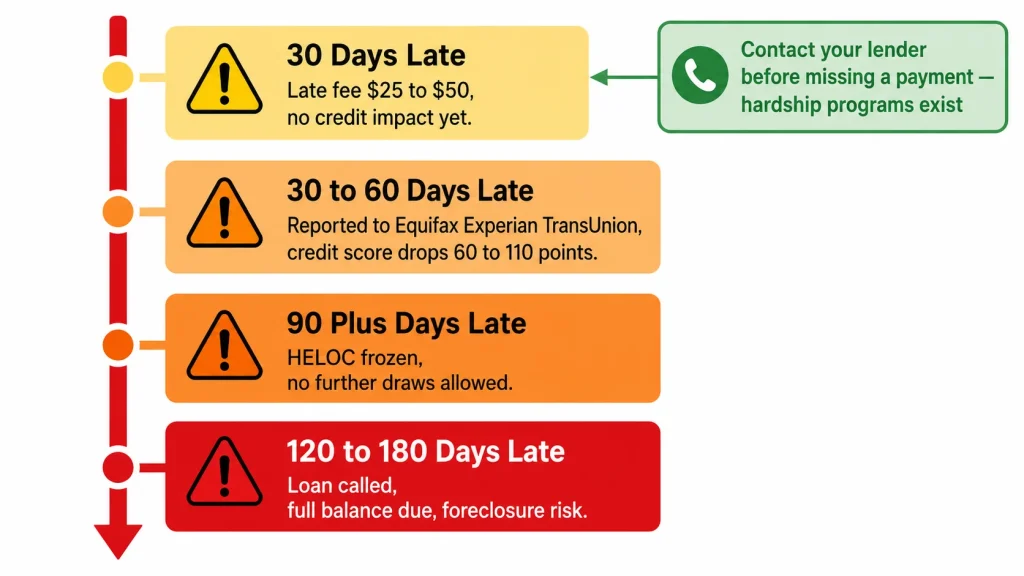 Timeline infographic showing escalating consequences of missing HELOC minimum payments from late fees to foreclosure risk