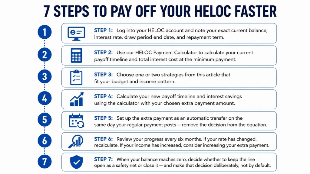 7 step action plan infographic for paying off a HELOC faster