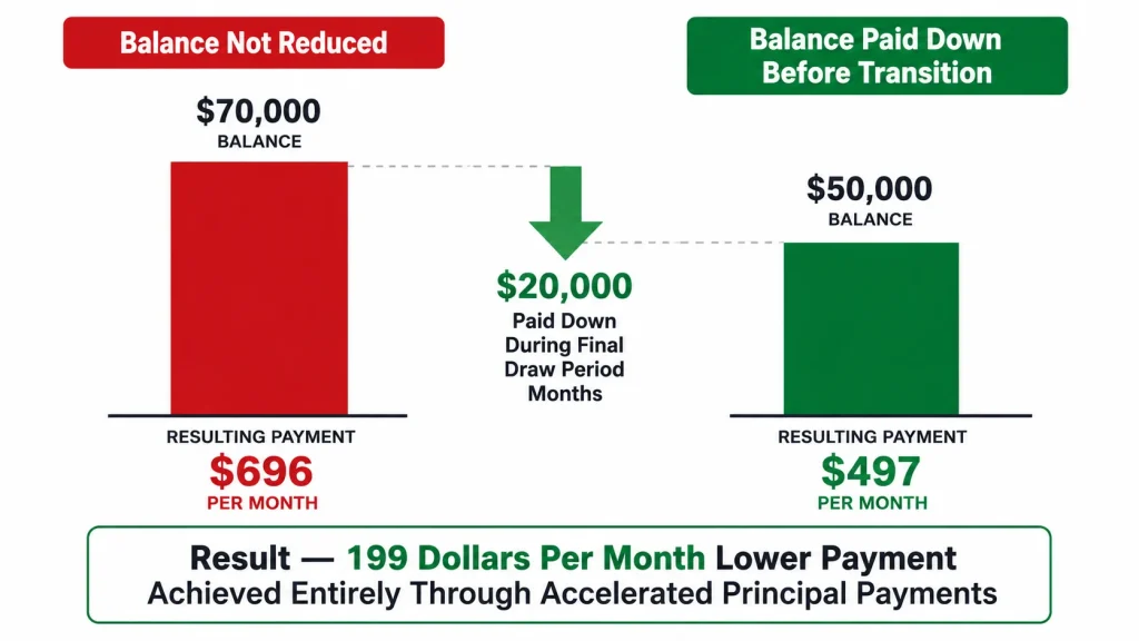 Before and after comparison showing how paying down 20000 dollars of HELOC principal before draw period ends reduces payment by 199 dollars