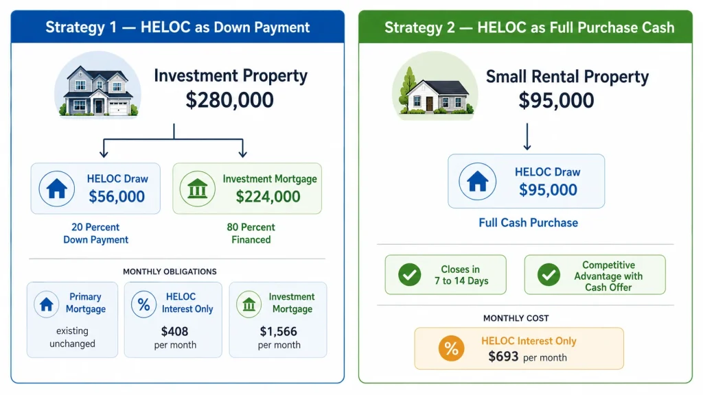 Infographic comparing two strategies for using a HELOC to buy property — as a down payment versus as a full cash purchase