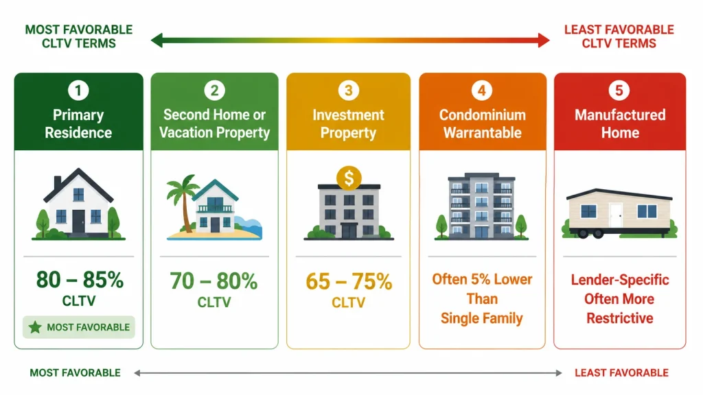 Infographic comparing HELOC maximum CLTV percentages across five property types from primary residence to manufactured home