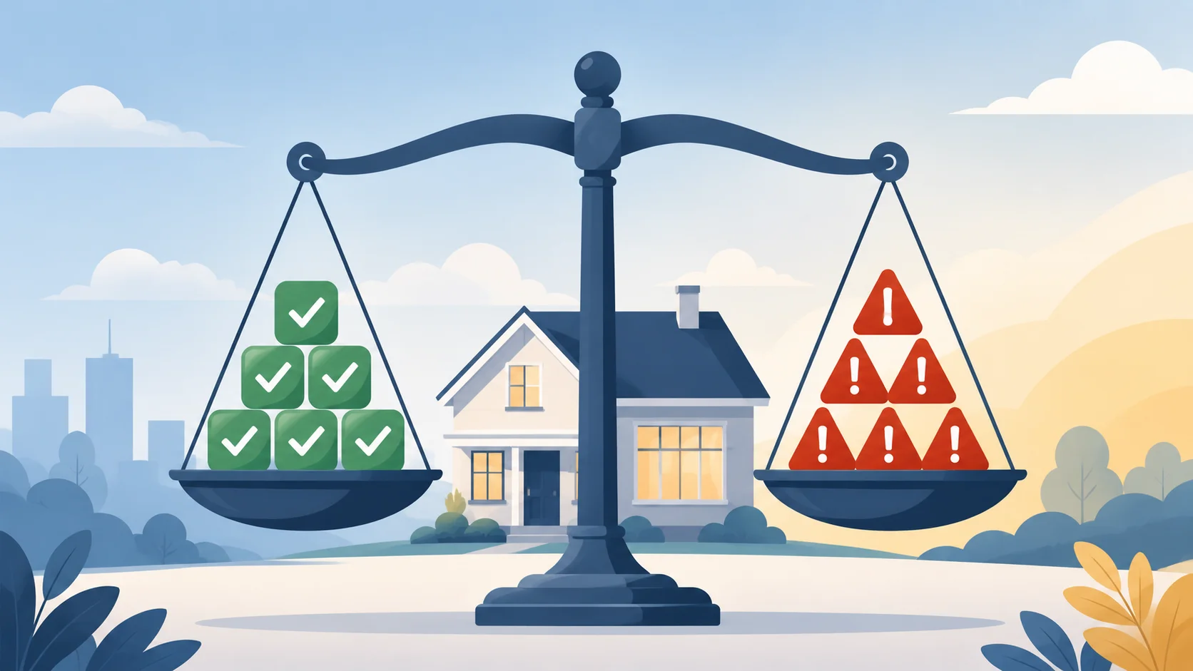 Balanced scale illustration weighing HELOC pros and cons for homeowners