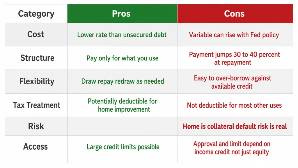Side by side table comparing HELOC pros and cons across cost structure flexibility tax treatment risk and access