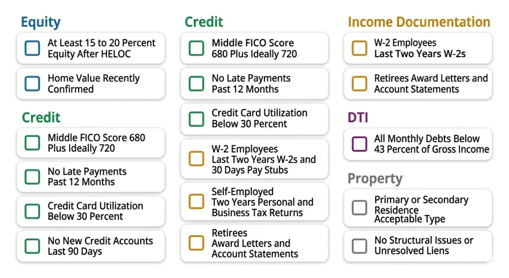 HELOC qualification checklist covering equity credit income documentation DTI and property requirements for 2026
