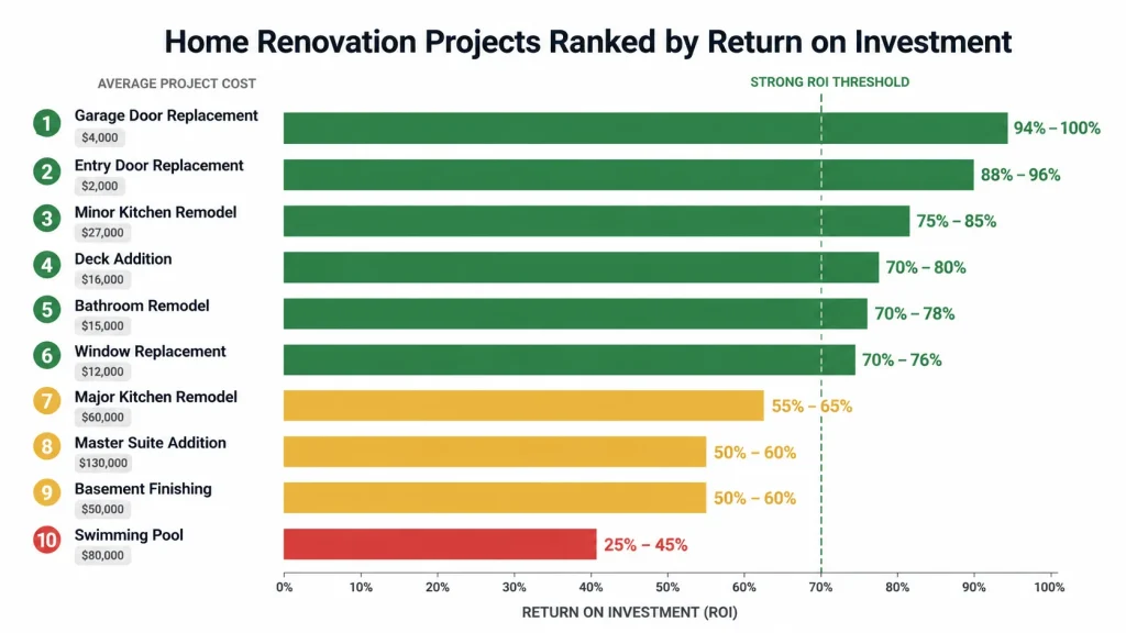 Bar chart showing return on investment for ten home renovation projects from garage door replacement at highest ROI to swimming pool at lowest