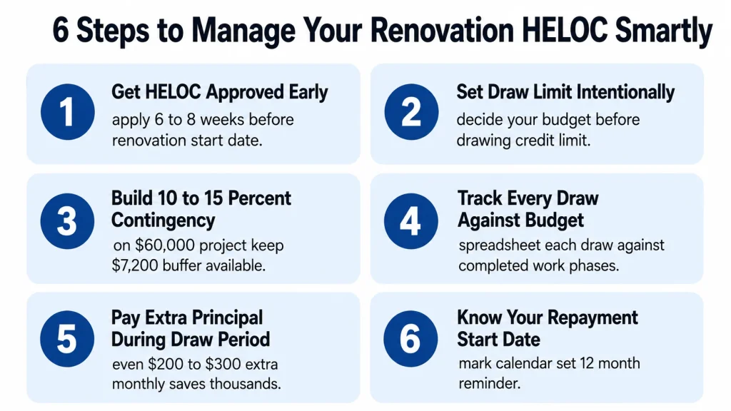 Infographic checklist showing six steps to manage a HELOC for home renovation smartly including timing draws tracking budget and preparing for repayment