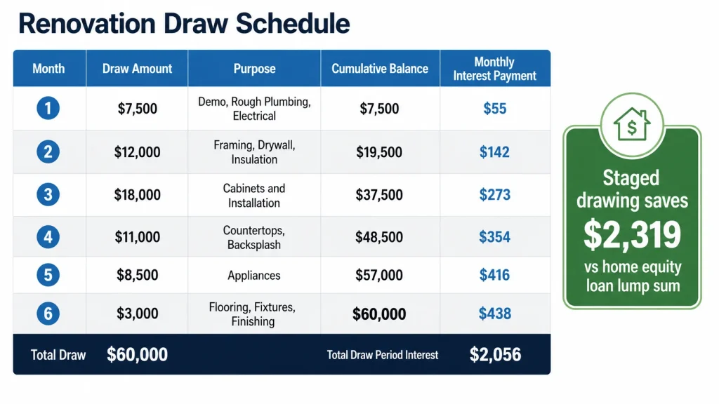 Table showing HELOC staged draw schedule for 60000 dollar kitchen renovation across 10 months with monthly interest payments