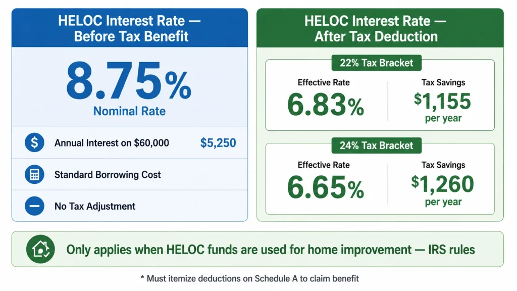 Infographic showing HELOC renovation interest tax deductibility reducing effective rate from 8.75 percent to 6.83 percent in 22 percent tax bracket