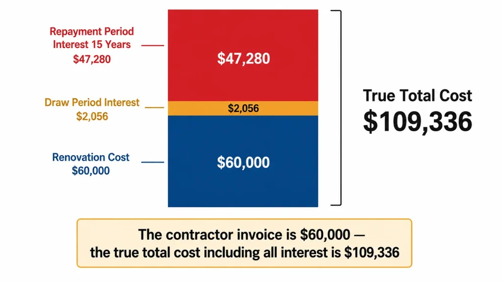 Stacked bar infographic showing true total cost of 60000 dollar renovation funded by HELOC including draw period and repayment period interest totaling 109336 dollars