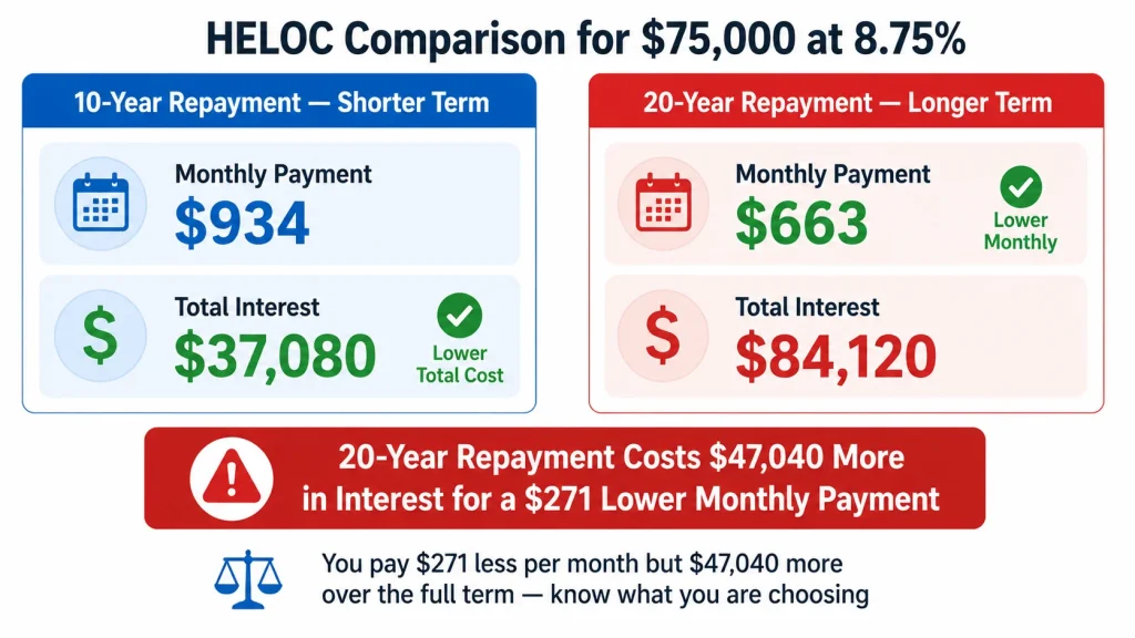 Comparison showing 10-year HELOC repayment at 37080 total interest versus 20-year repayment at 84120 total interest on 75000 dollar balance