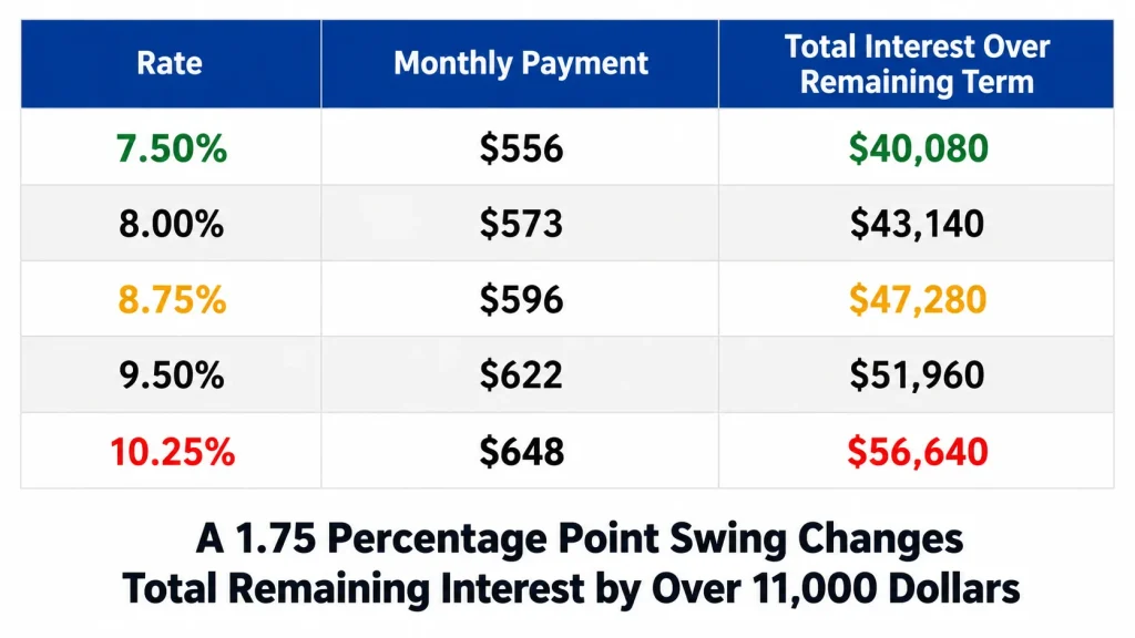 Table showing how HELOC repayment period monthly payment and total remaining interest change across five different interest rates
