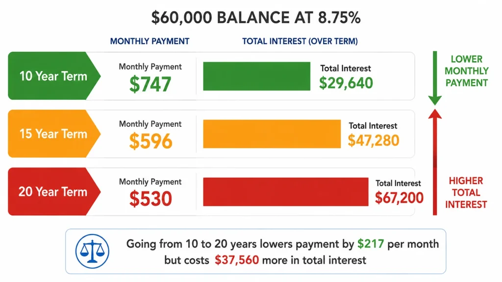 Bar chart comparing HELOC repayment terms of 10 15 and 20 years showing monthly payment versus total interest tradeoff on 60000 dollar balance