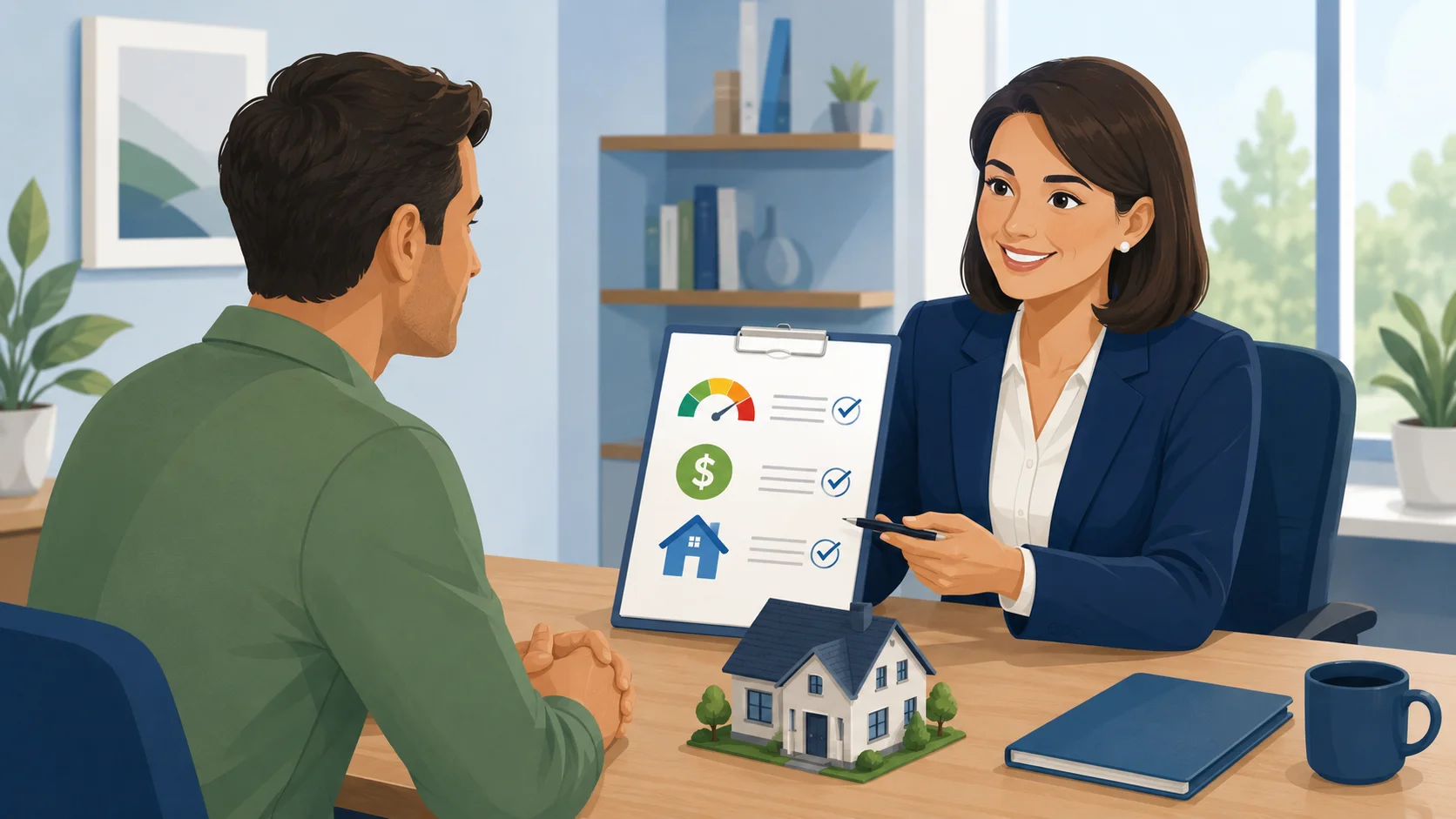 Homeowner meeting with lender to discuss HELOC qualification requirements for credit score LTV and income