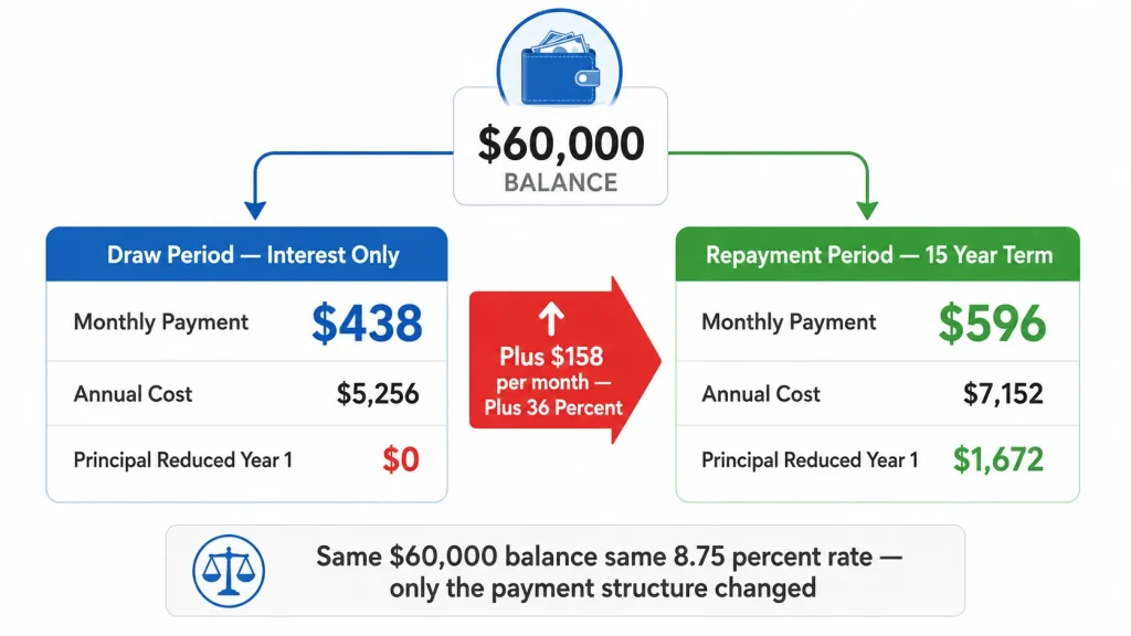 Infographic showing same 60000 dollar HELOC balance producing 438 dollar draw period payment versus 596 dollar repayment period payment