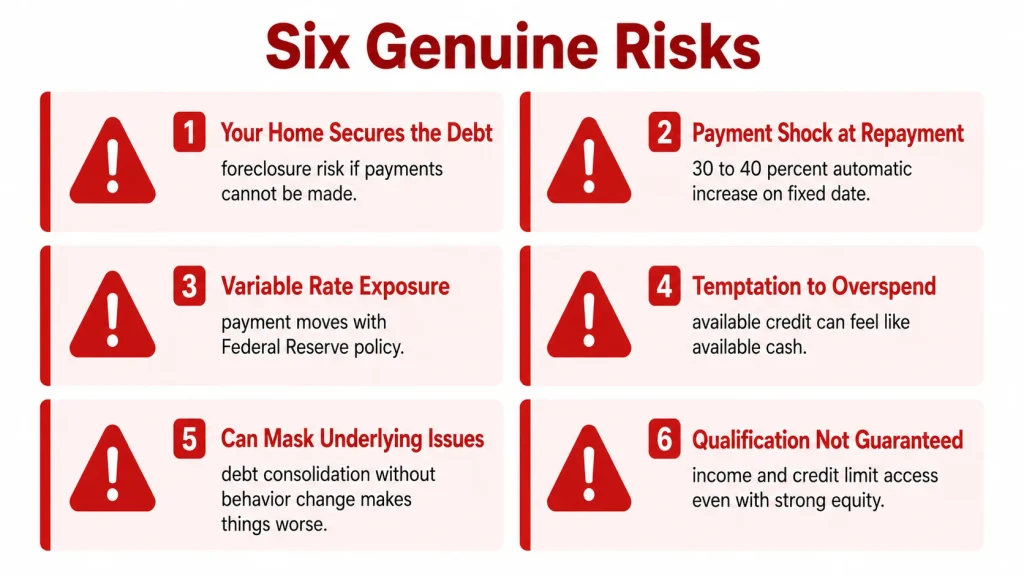 Infographic summarizing six genuine risks of a HELOC including home collateral payment shock and variable rate exposure
