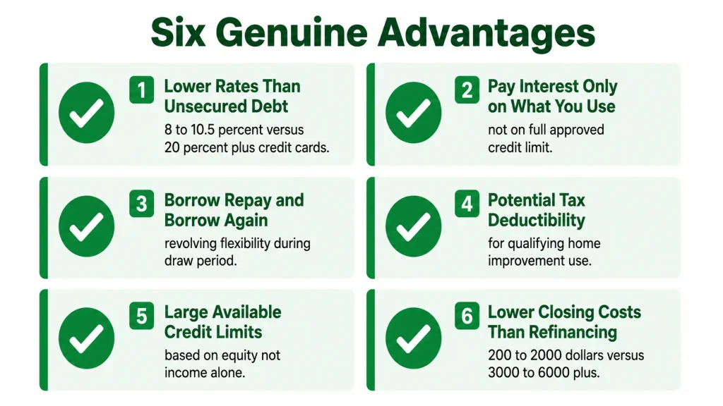 Infographic summarizing six genuine advantages of a HELOC including lower rates flexibility and tax deductibility