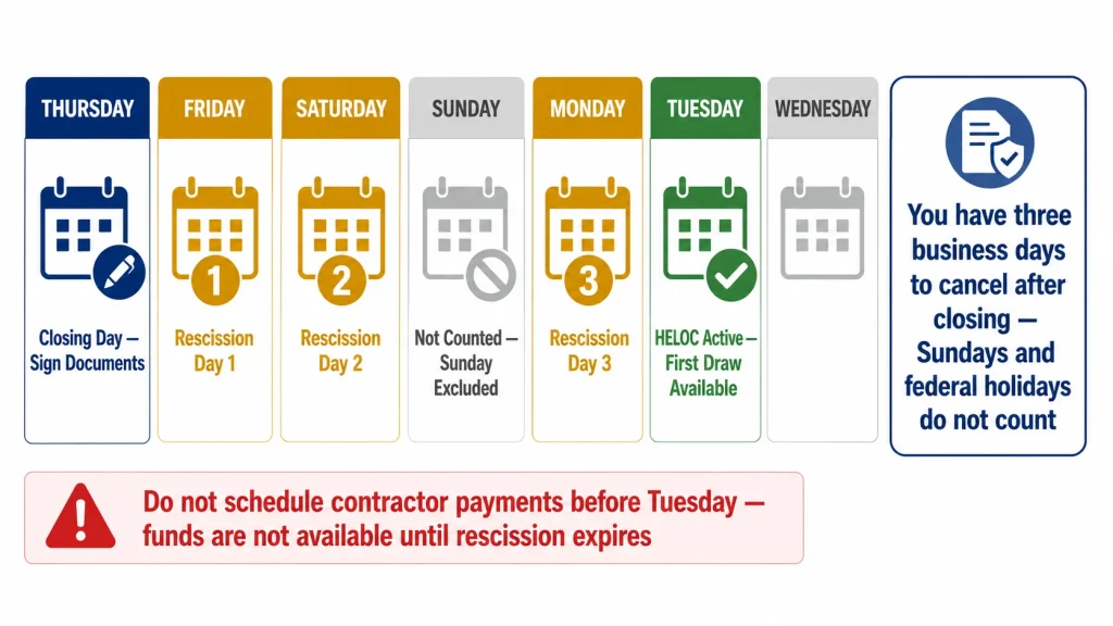 Calendar infographic showing HELOC three-day right of rescission period from Thursday closing to Tuesday when funds become available