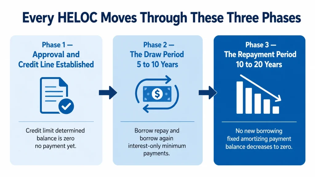 Diagram showing the three phases of a HELOC from credit line approval through draw period to repayment period