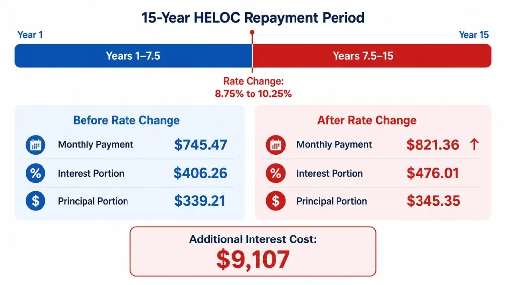 Infographic showing how a HELOC variable rate increase from 8.75 to 10.25 percent impacts monthly payment and total interest cost
