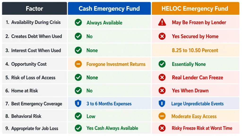 Comparison table of nine factors between cash emergency fund and HELOC emergency fund strategy highlighting availability risks and costs