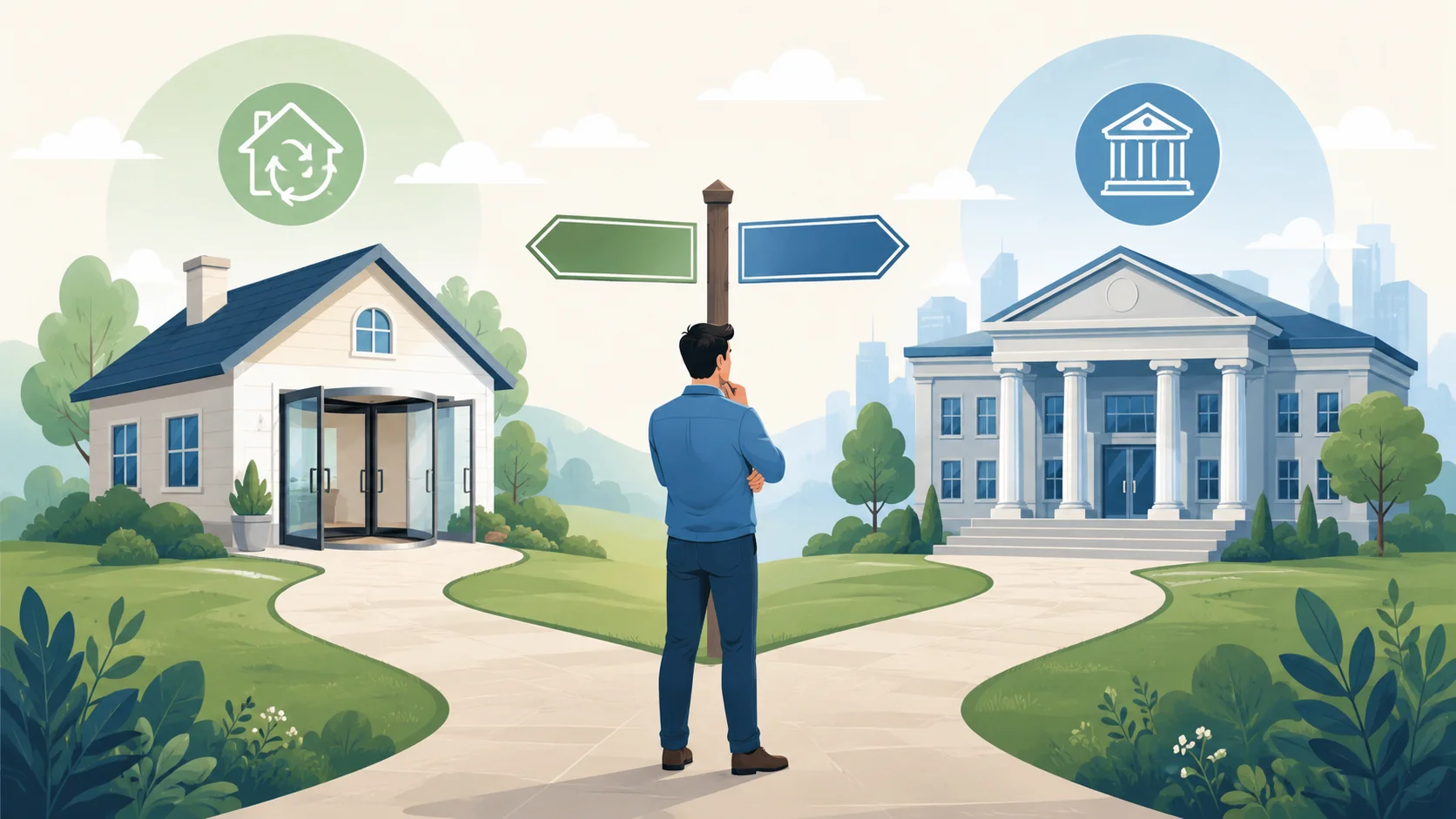 Illustration showing homeowner deciding between HELOC and cash-out refinance to access home equity