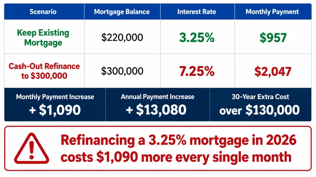 Table showing how cash-out refinancing a 3.25 percent mortgage in 2026 increases monthly payment by 1090 dollars compared to keeping existing mortgage