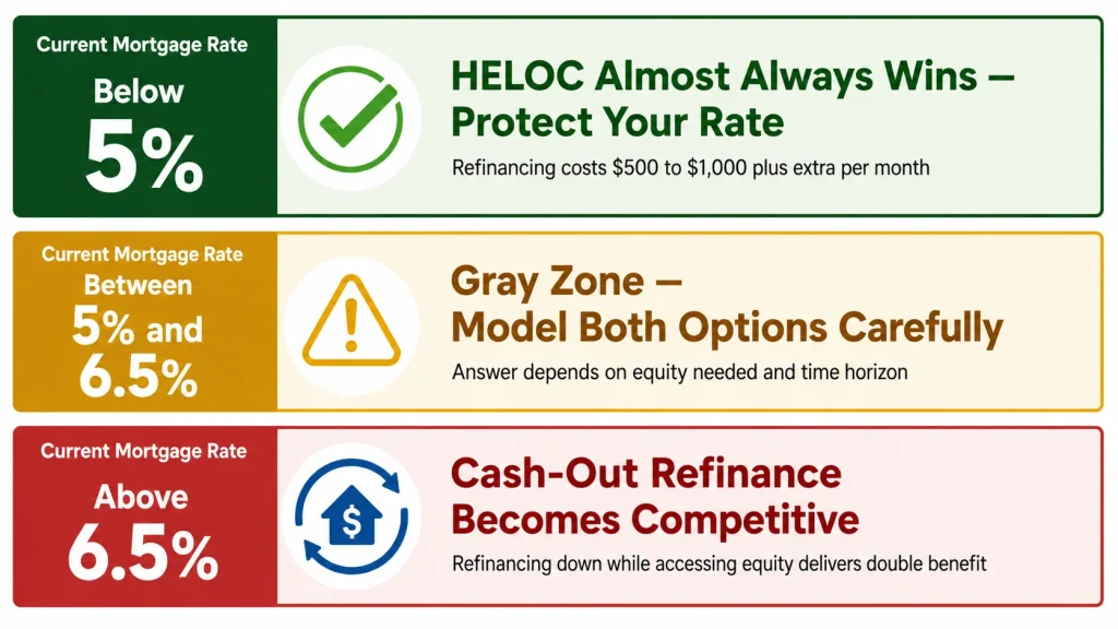 Infographic showing three mortgage rate scenarios determining whether HELOC or cash-out refinance is better in 2026