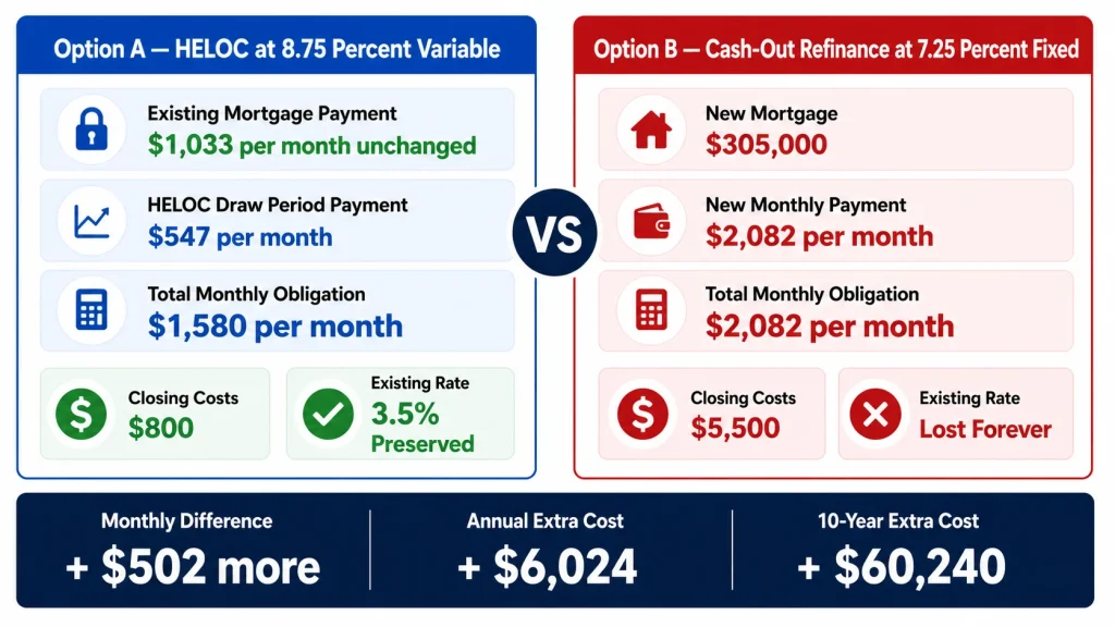 Side by side comparison of HELOC versus cash-out refinance monthly payments showing 502 dollar monthly difference for homeowner with 3.5 percent existing mortgage