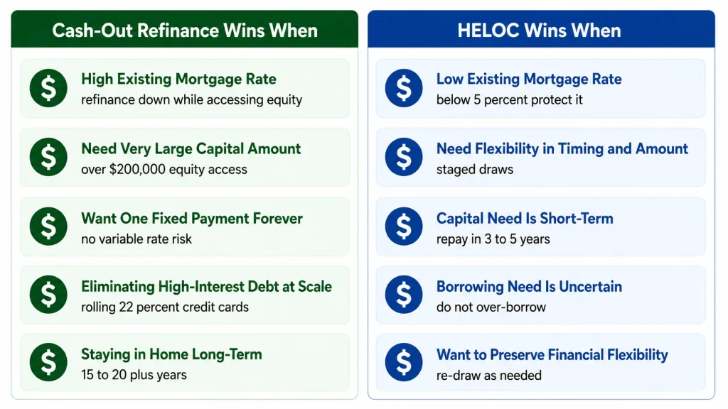 Infographic comparing scenarios where cash-out refinance wins versus scenarios where HELOC is the better choice