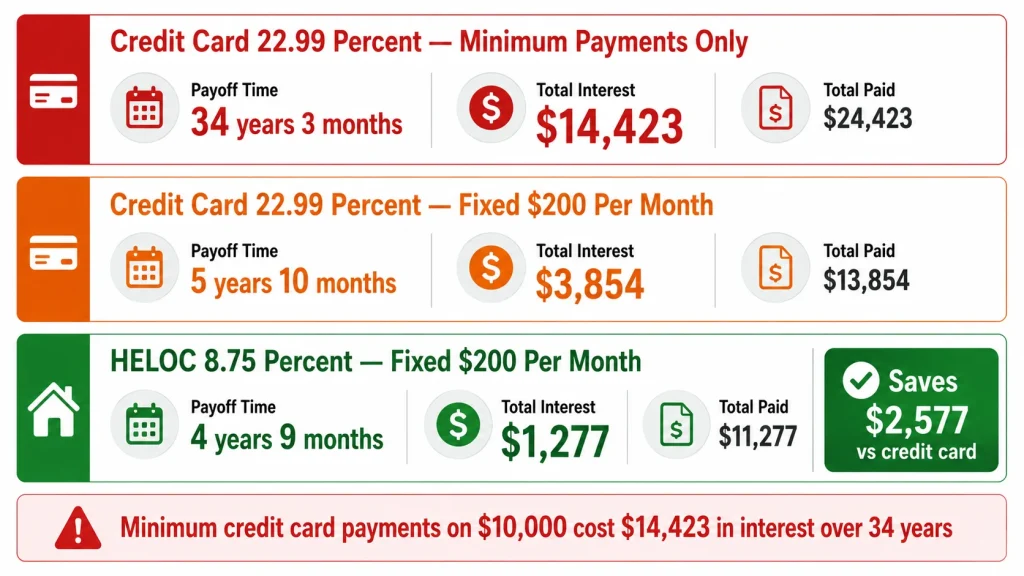 Infographic comparing HELOC versus credit card payoff scenarios on a 10000 dollar balance showing minimum payment catastrophe and interest savings