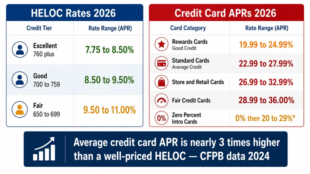 Side by side comparison table of HELOC rates versus credit card APRs in 2026 across different credit profiles