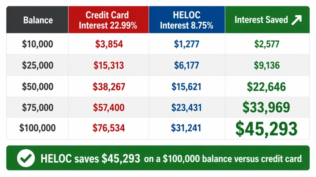 Table showing HELOC versus credit card interest savings across balances from 10000 to 100000 dollars at 8.75 and 22.99 percent rates