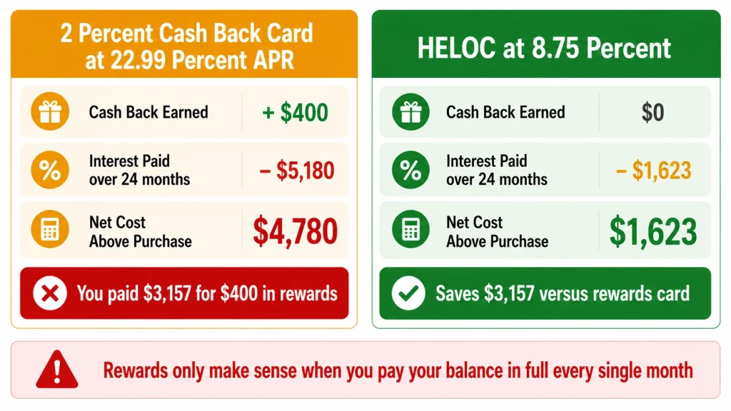 Infographic showing that a 2 percent cash back credit card costs 3157 dollars more than a HELOC on a 20000 dollar balance carried for 24 months