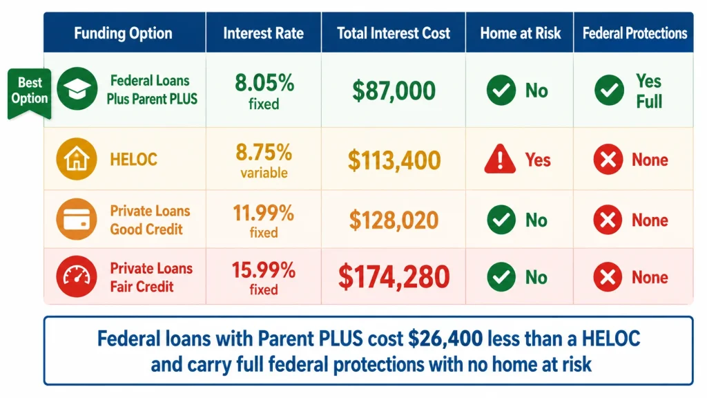 Comparison table of four college funding options showing federal loans at 87000 total interest versus HELOC at 113400 versus private loans up to 174280 dollars