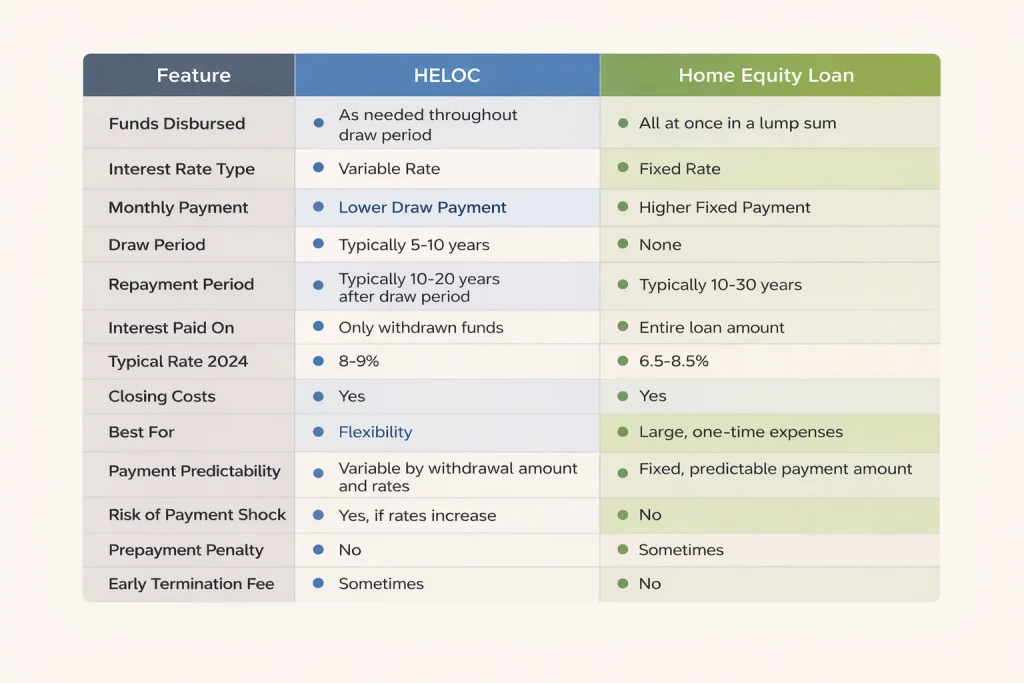 Detailed comparison table of HELOC versus home equity loan covering rates payments flexibility costs and key features