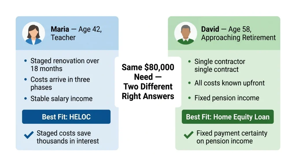 Infographic showing two homeowner profiles with different financial situations leading to different HELOC versus home equity loan recommendations