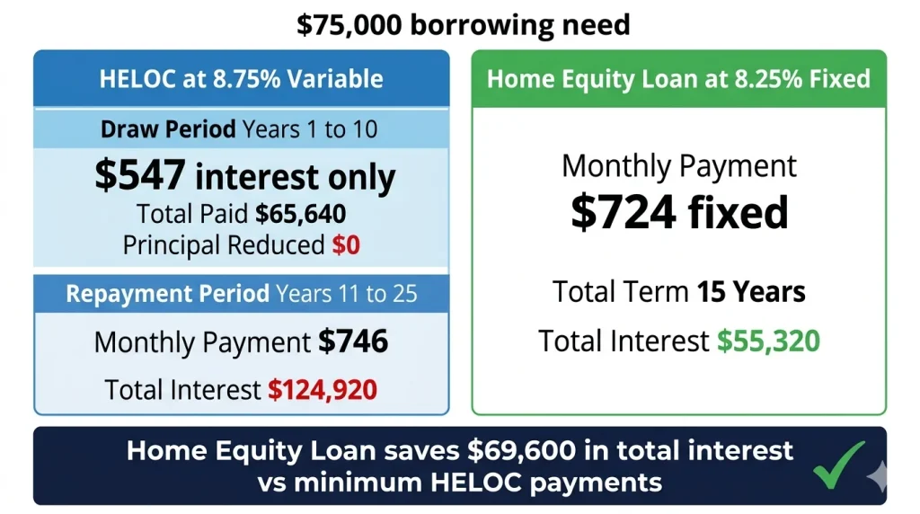Side by side comparison of HELOC versus home equity loan monthly payments and total interest cost on a 75000 dollar loan
