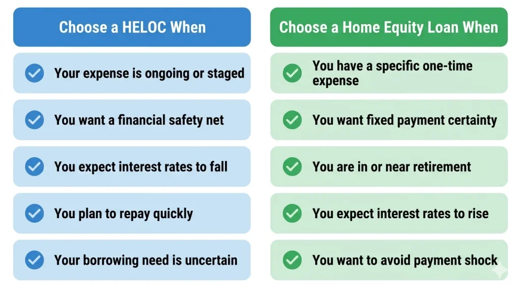 Infographic showing when to choose a HELOC versus a home equity loan based on specific financial situations