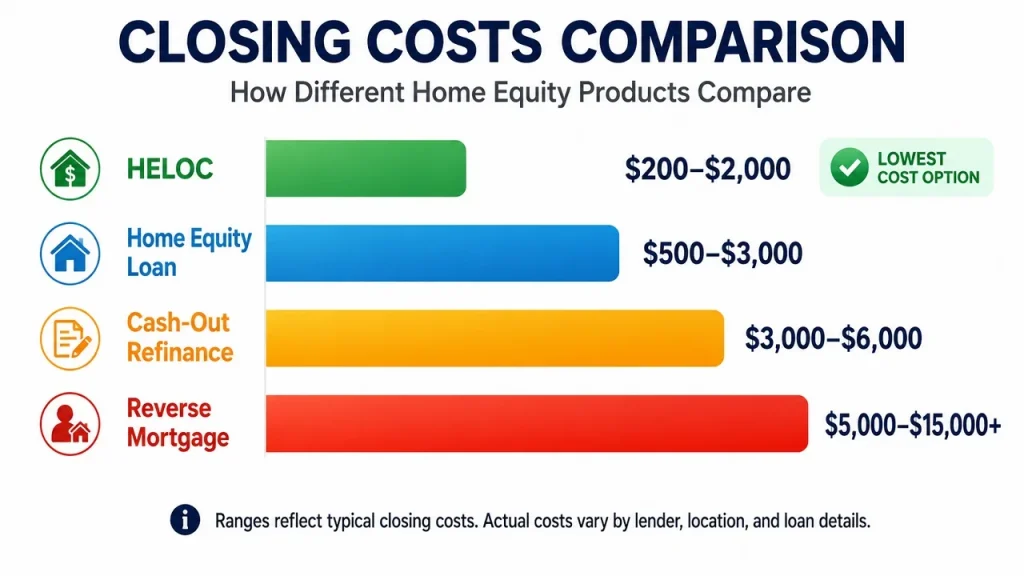 Horizontal bar chart comparing closing costs of HELOC versus home equity loan cash-out refinance and reverse mortgage