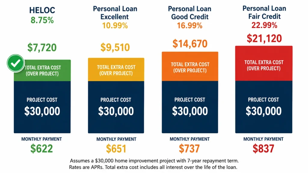 Bar chart comparing total financing cost of HELOC versus personal loan for a 30000 dollar home improvement project across different credit scores