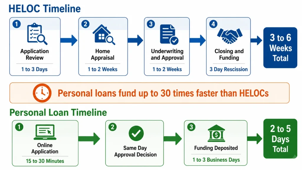 Timeline infographic comparing HELOC approval process of 3 to 6 weeks versus personal loan funding of 2 to 5 business days