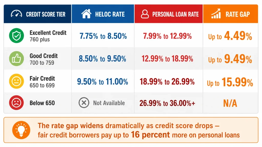 Infographic comparing HELOC versus personal loan interest rates across four credit score tiers showing rate gap widening for lower credit scores