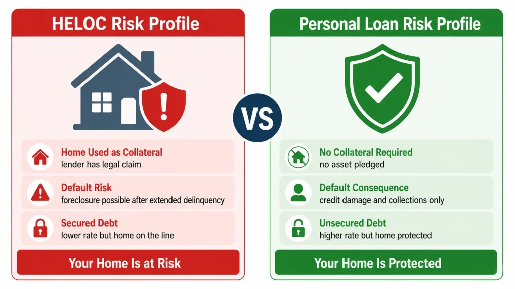 Infographic comparing HELOC risk profile with home as collateral versus personal loan unsecured risk profile with no home foreclosure risk