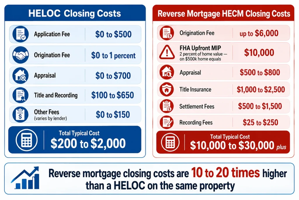 Infographic comparing HELOC closing costs of 200 to 2000 dollars versus reverse mortgage closing costs of 10000 to 30000 dollars