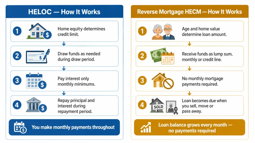 Infographic showing step by step how HELOC works versus how reverse mortgage HECM works for senior homeowners