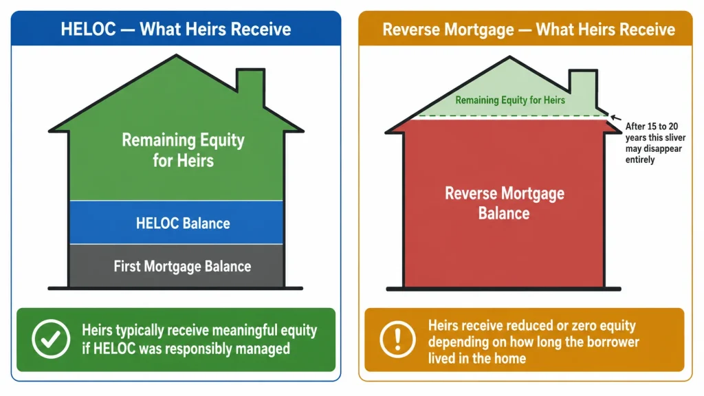 Infographic comparing home equity remaining for heirs under HELOC versus reverse mortgage showing equity erosion impact on inheritance